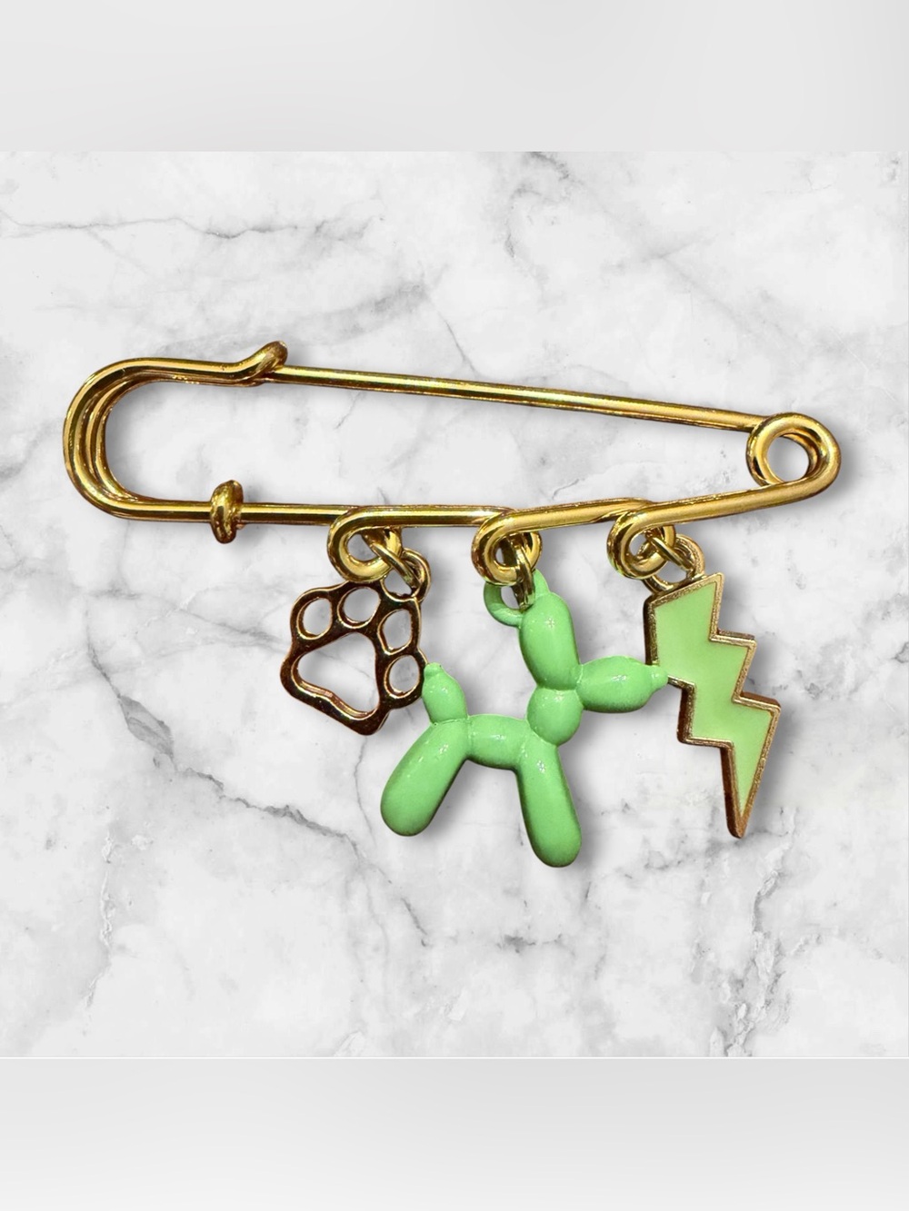Gold Safety Pin Charm Brooch with Lime Green Balloon Dog & Lightning